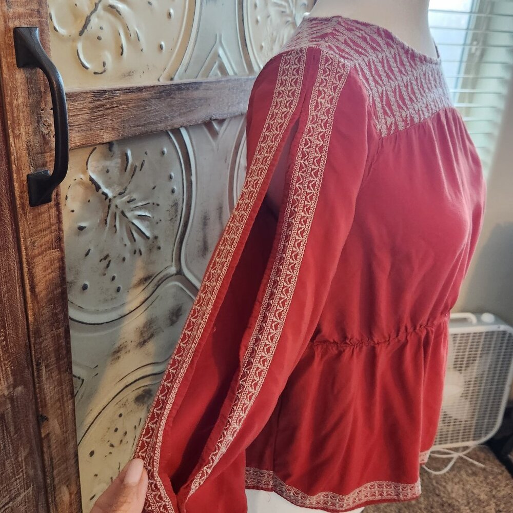 Cato Embroidered Rayon Peasant Blouse with Split Sleeves | Small